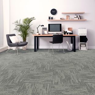 16999 Greystone Tile Room View -- Medium taupe carpet with dark grey linear accent, available in tile and broadloom