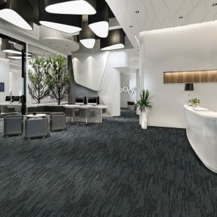 17005 Night Sky Broadloom Room View -- Grey carpet with dark grey/black linear accent, available in tile and broadloom
